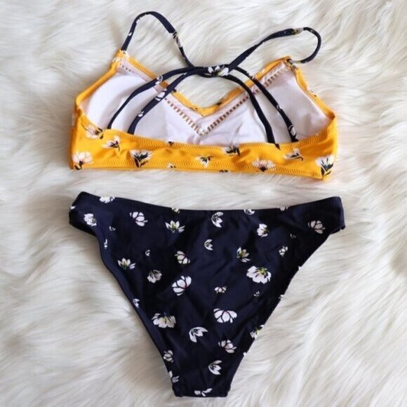 NEW Yellow Blue Floral Print V Neck Bikini Bathing Suit Set Size Large - Picture 5 of 8